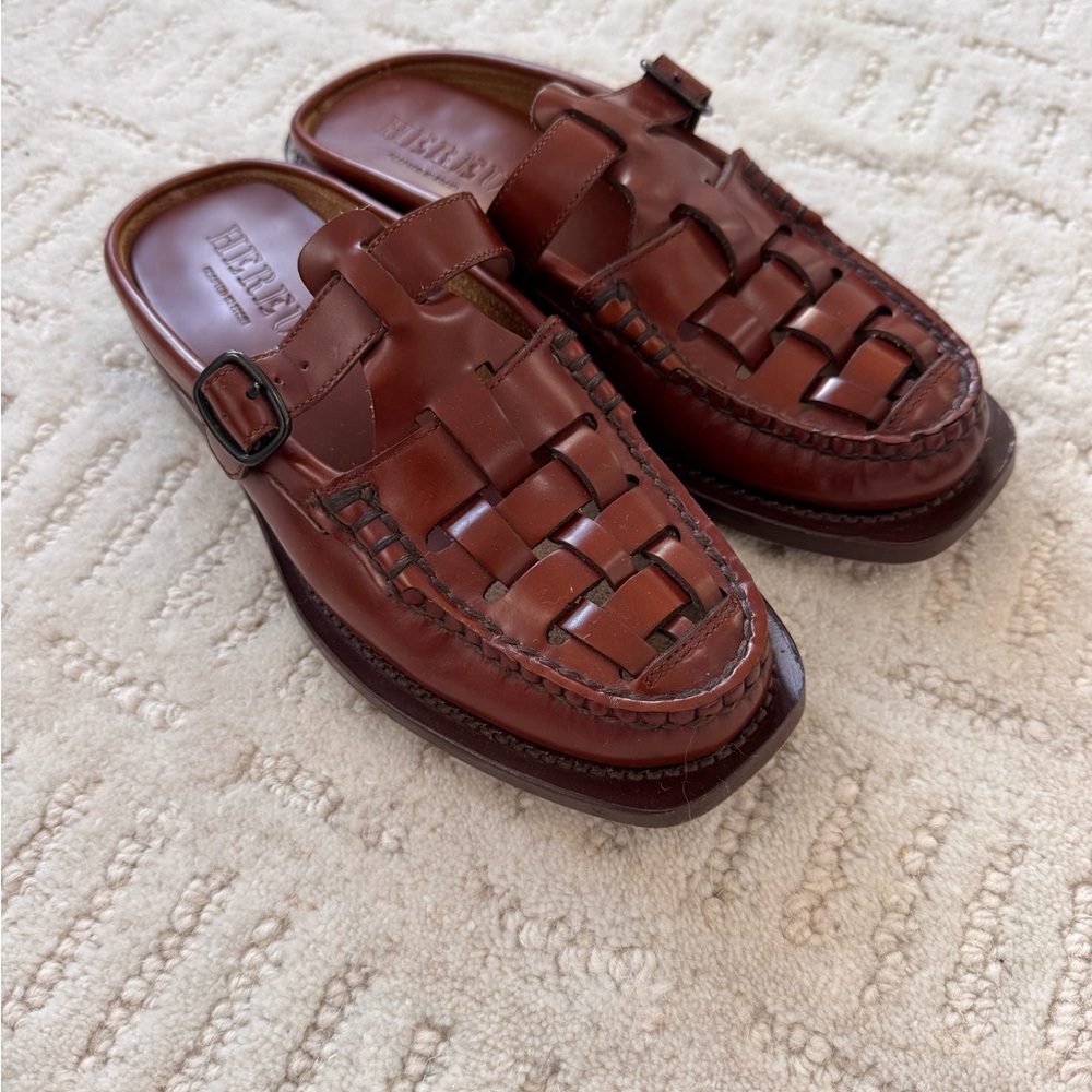 BERLEU Brown Leather Women's Mules